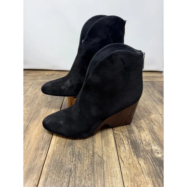 Diane von Furstenberg Black Suede V-Cut Wedge Ankle Boots Wood Heel 8.5M 38.5 - Image 2