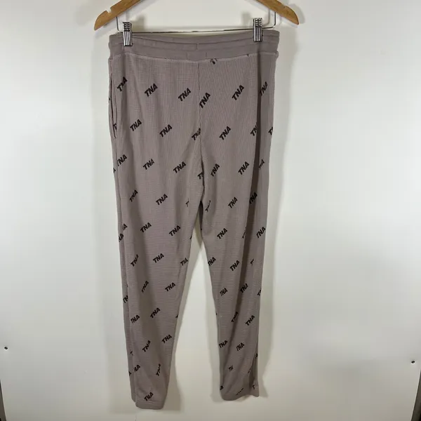TNA Aritzia Waffle Knit Joggers Mauve Taupe Logo Print Thermal Lounge Pants Sz M - Image 5