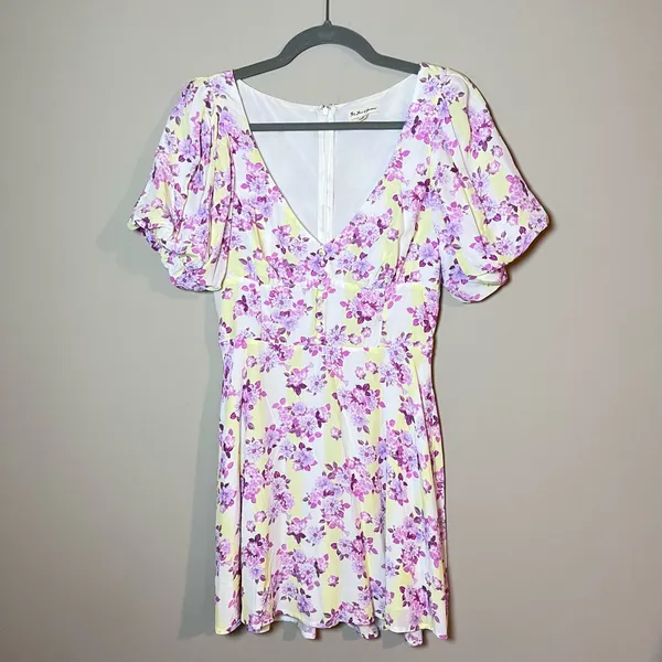 For Love & Lemons Atlanta Puff Sleeve Button Mini Dress Purple Floral S - Image 2