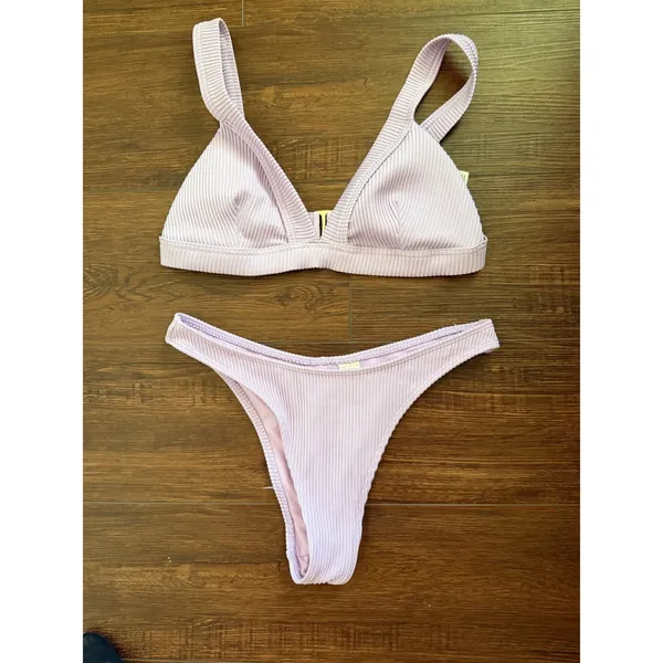 Hollister Swim Lavender Ribbed Triangle Bikini Set Purple Gold Clasp Medium - Image 2
