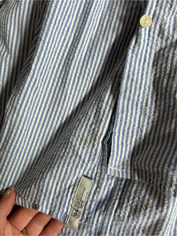 Jill Mogowan blue white striped button down shirt USA cotton small see stains - Image 3
