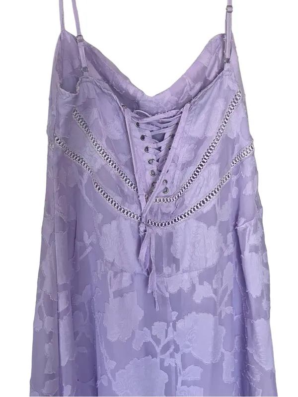 Lavender Floral Jacquard Lace Up Back Midi Dress Wedding Guest M - Image 5