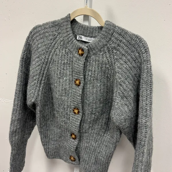 Zara Gray Marl Alpaca Wool Blend Chunky Knit Cropped Cardigan 9598/151 - Image 4