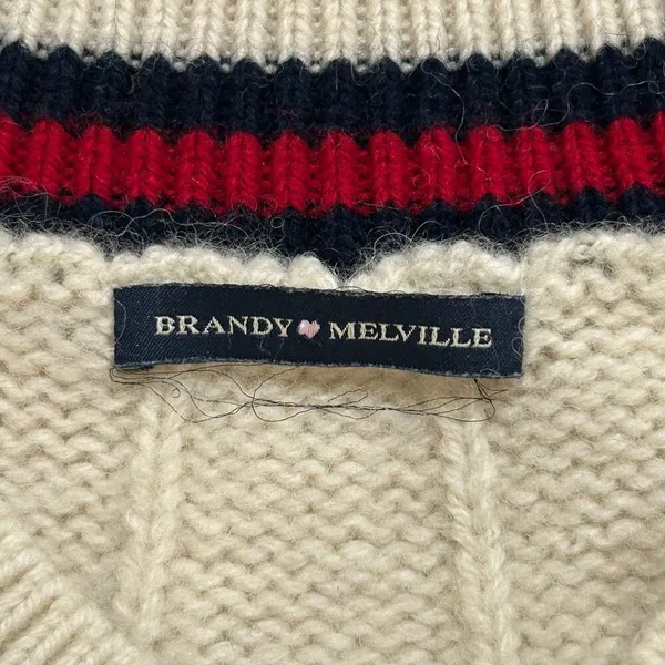 Brandy Melville Cable Knit Varsity V Neck Sweater Cream One Size Preppy - Image 4