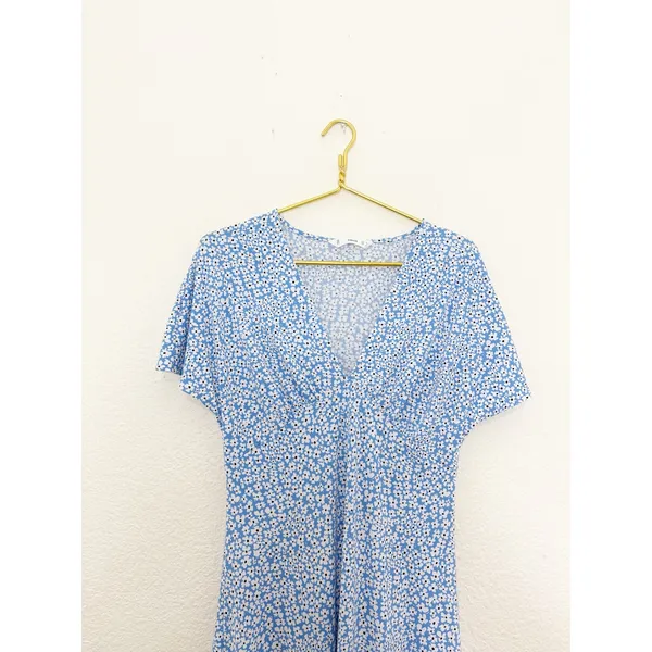 Mango Poma Floral Midi Dress Size Medium Blue Cottage Coquette Chic Jersey - Image 5