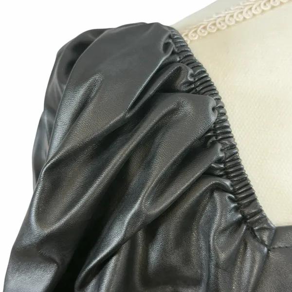 Area Stars Faux Leather Mini Dress Black Long Puff Sleeves Lace Up Square Neck M - Image 6