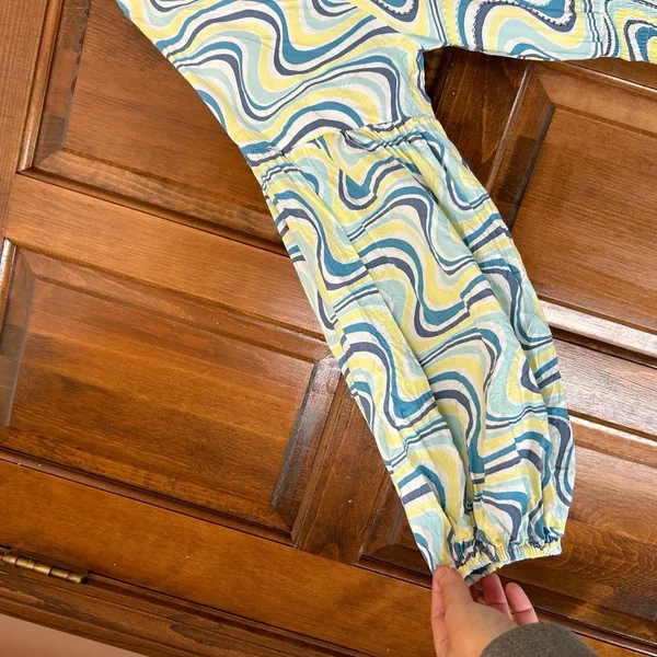 Skemo Blue‎ Yellow Long Dress Beaded Ruffle Hem Small Maxi Tiered Boho Abstract - Image 6