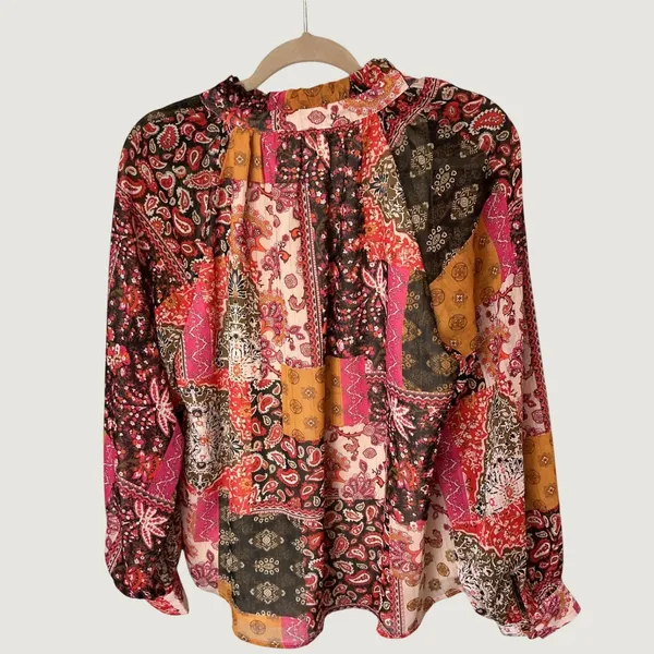 Entro Womens Medium Patchwork Paisley Ruffle Neck Long Sleeve Blouse Multicolor - Image 3