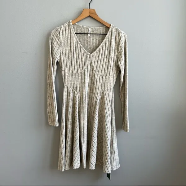 HALARA Ribbed Knit V Neck Long Sleeve Flare Mini Casual Dress NWT Size Small - Image 6