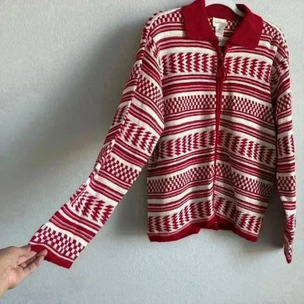Crystal Kobe Zip Up Sweater Large Red And White Winter Warm Cardigan‎ Ski Casual - Image 7
