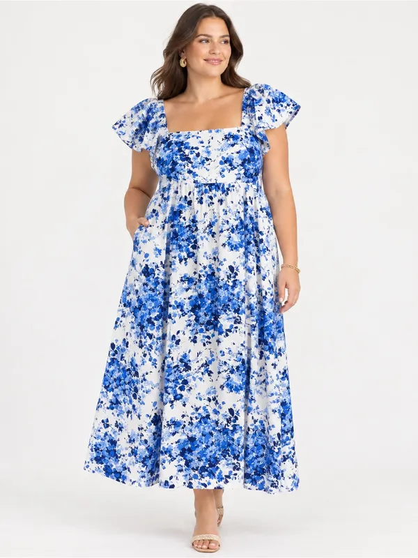 Tuckernuck Cecily Midi Dress Womens XXL Blue White Floral Flutter Sleeve - Image 2
