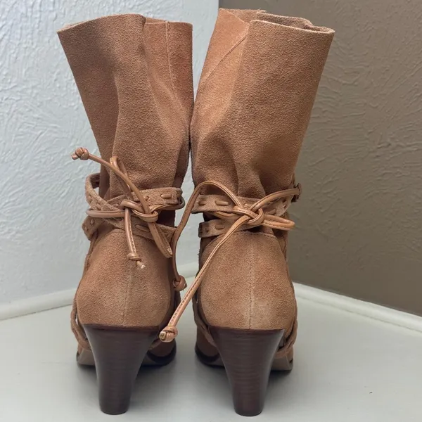 Schutz Portia Suede Ankle Boots Honey Peach Tan Leather‎ Wrap Straps Size 6B - Image 8