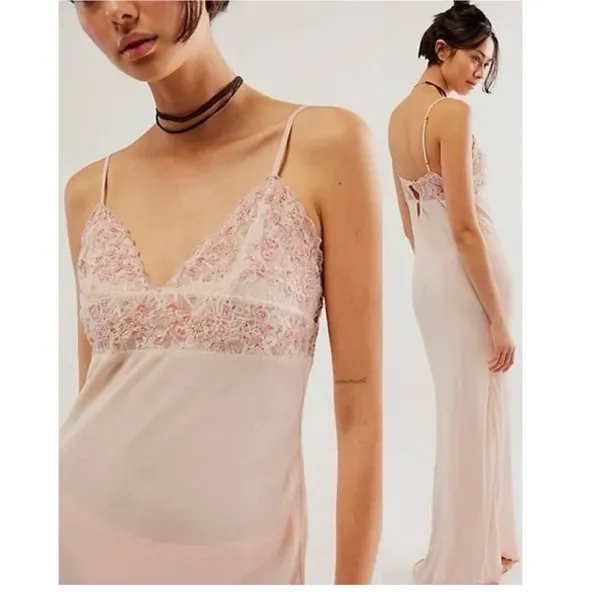 New Free People Midnight Magic Maxi Slip Dress Pink Beaded Lace Trim - Image 3