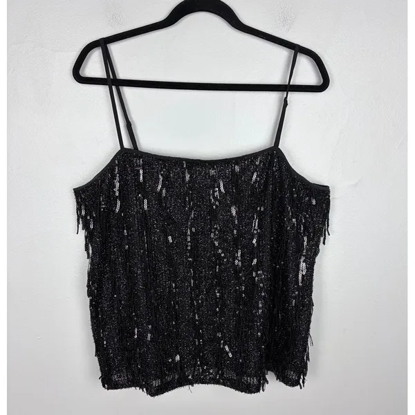 Loft Sequin Fringe Square Neck Cami Black Party Top‎ Evening Glam Size Large - Image 3