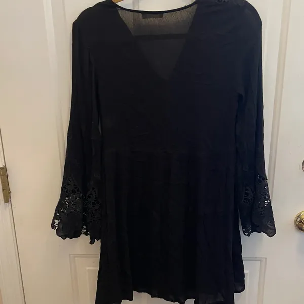 Altar'd State Black Lace Boho Mini Dress Bell Sleeve Embroidered XS Witchy Fairy - Image 8