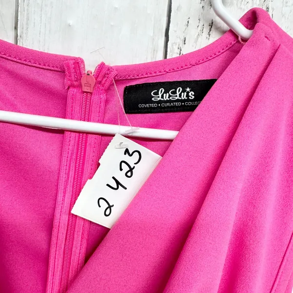 Lulus Dress Women Large Barbie Pink V-Neck Ruched Wrap Sleeveless Mini Elegant‎ - Image 2