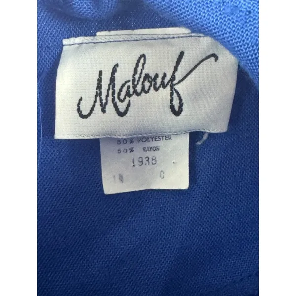 Vintage 70s Malouf Blue White Slub Texture Pleated Midi Dress Red Trim Size 14 - Image 4