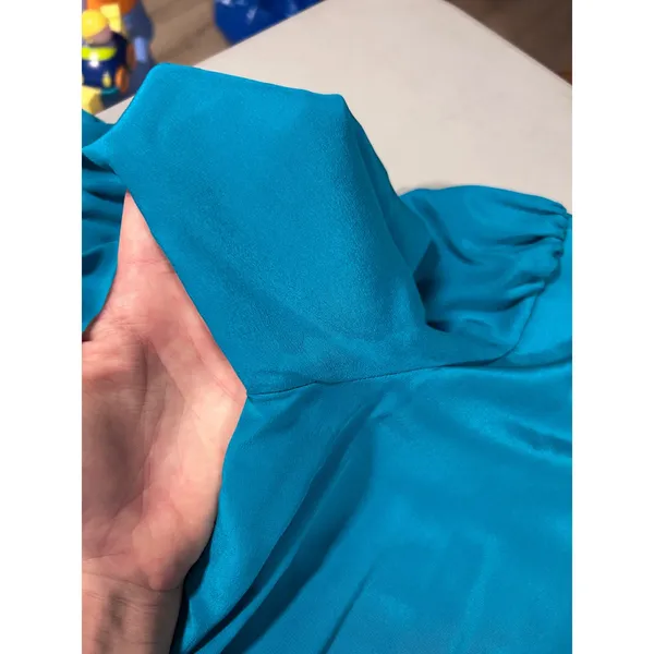 Vintage Tracer Silk Dress Teal Blue Button Front Puff Sleeve Midi‎ Medium 12 - Image 8