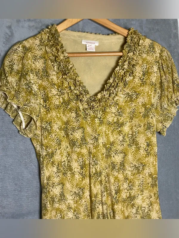 Sundance Floral‎ Ruffle V-Neck Maxi Dress in Mustard 100% silk size 16 - Image 2