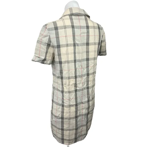 Barbour Linen Cream Plaid Checketed Short Sleeve Tartan Mini Shirt Dress Size 6 - Image 2