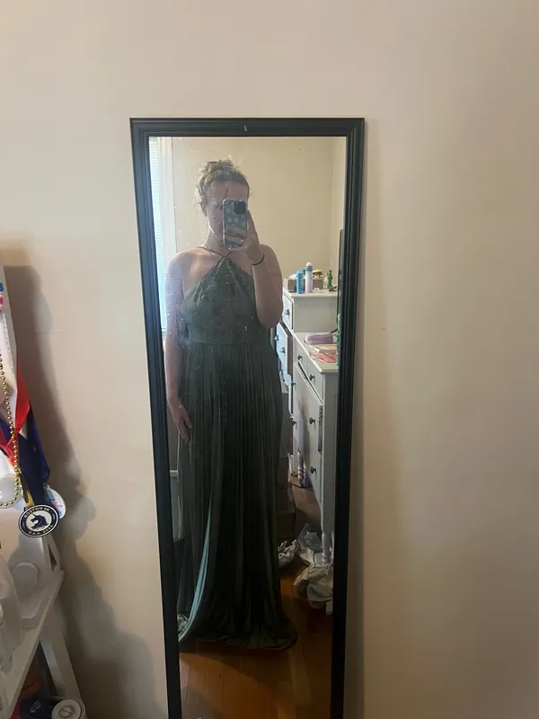 Lulus Elaborate Charm Olive Green Satin Pleated Backless Maxi Dress - Image 3