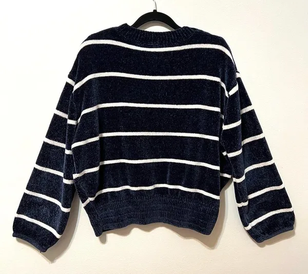 Luv Lane Striped Chenille Knit Sweater Dark Blue White Crewneck S - Image 3