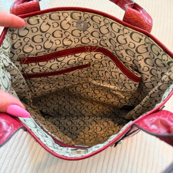 GUESS Y2K Burgundy Monogram Hand Bag Signature Silver Triangle Rhinestone Logo - Image 15