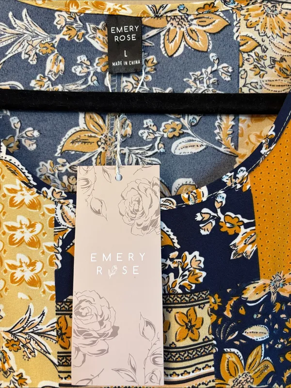 NEW! EMERY ROSE Boho Patchwork Swing Dress Mini Yellow Navy Blue Floral LARGE - Image 2