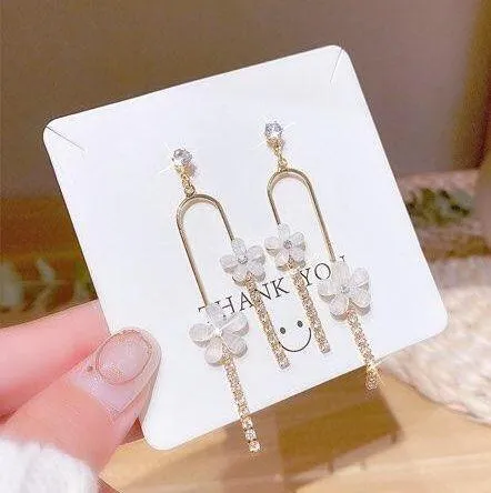 Women's Crystal Flower Dangle Drop Earrings Gold - Image 3