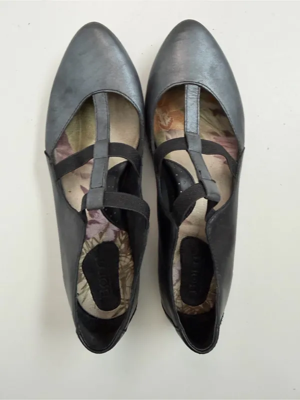 Born Ballet Flats Leather T Strap Dark Academia WhimsiGoth Metallic Grey Black - Image 10