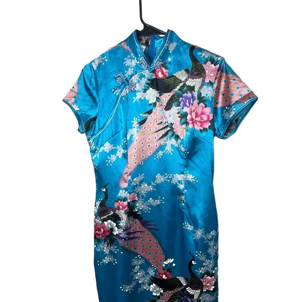 Laogudai Blue‎ Peacock Floral Mandarin Collar Chinese Style Cheongsam Dress M - Image 2