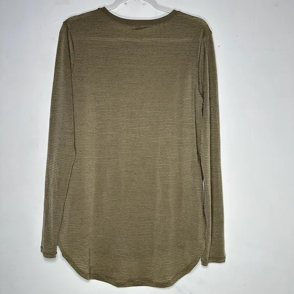 Olive Green‎ Burnout Stripe High-Low Long Sleeve Top Crew Neck Side Slit Relaxed - Image 2