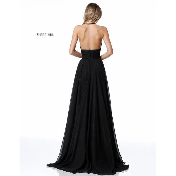 SHERRI HILL 51640 Black Sequin Halter Chiffon Gown – Size 6 NWT - Image 2