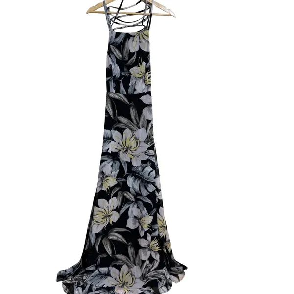 Lulus‎ love abloom Black Floral Print Maxi Dress Spaghetti Strap Lace Up Back M - Image 3