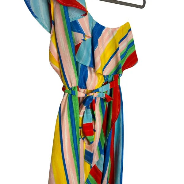 🌈 Peach Love‎ California One-Shoulder Rainbow Stripe Midi Dress M 🌈 - Image 5