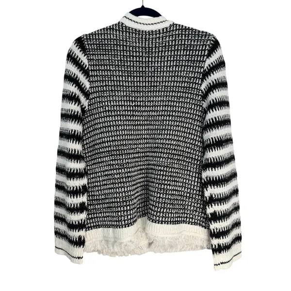 Talbots Black White Striped Knit Open Front Fringe Cardigan‎ Sweater Women's L - Image 8