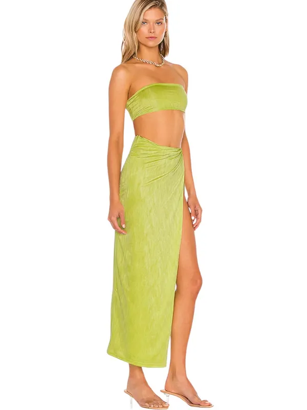 Super down- Karolyna Maxi Skirt Set Neon Lime Two-Piece Strapless Set Size XS - Image 2
