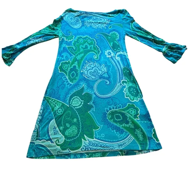 Tori Richard Honolulu XXS Blue Green Paisley Tunic Dress Bell Sleeve Stretch - Image 8