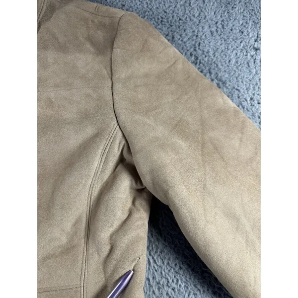 Faux‎ Suede Shearling Jacket Women Tan Faux Fur Trim Zip Up Coat - Image 6