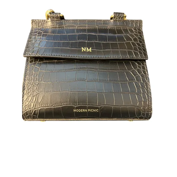 Modern Picnic Black Vegan Leather Lunch Bag Box Croc Embossed Crossbody NWOT - Image 3