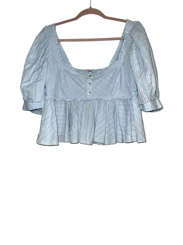 Free People Leave It To Me Baby Blue Puff Sleeve Square Neck Babydoll Top SMALL - Image 3