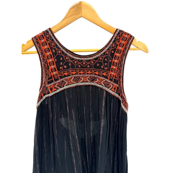 Free People Aztec Beaded Embroidered Bib Dress‎ Black Boho Festival Cotton Sz 4 - Image 2