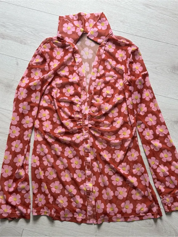 Women's Button Down Floral Shirts 2026 Summer Long Sleeve V Neck Sheer Mesh Tops - Image 3