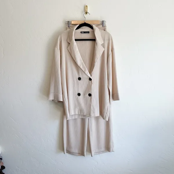 Zara | Wrinkle Satin Effect Double-Breasted Blazer & Wide Leg Pants Set - Image 7