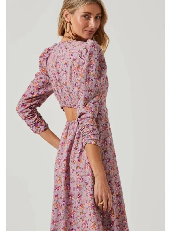 ASTR the Label Puff Sleeve V-Neck Back Cutout Midi Dress, purple peach floral XL - Image 3