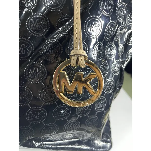 Michael Kors MK Logo Black Tote Bag Zip Gold Beige Straps Dust Bag - Image 3