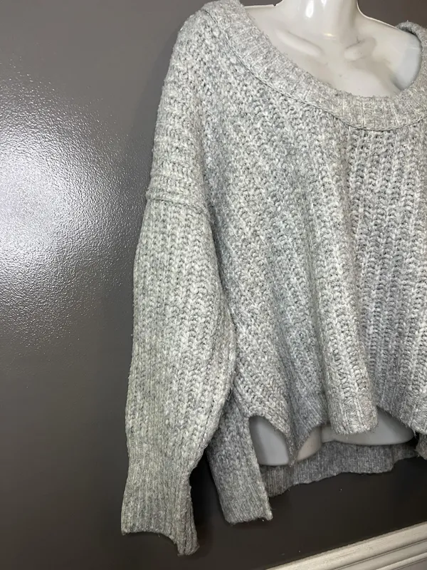Free People Sweater Womens XS Gray Chunky Knit Oversized High Low Hem Pullover - Image 3