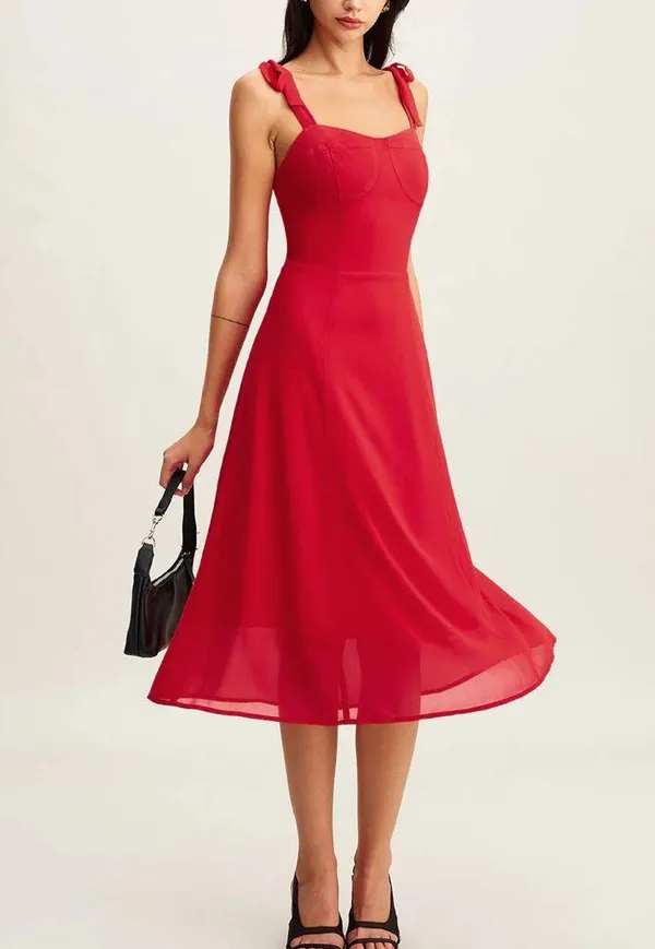 Rihoas Red Sweetheart Neck Tie Strap Midi Dress - Image 5