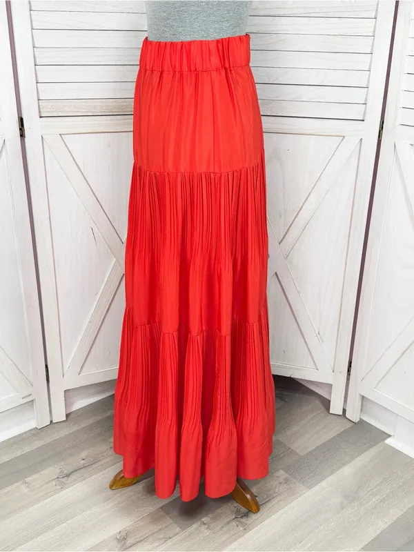 Outback Red Tiered Pleated Maxi Skirt Coral Orange Red XS Flowy Boho Tomato Girl - Image 2