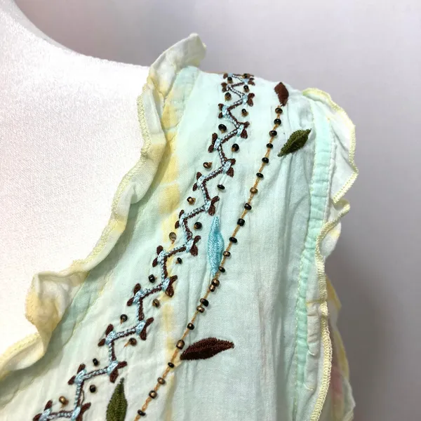 Vintage Y2K Tokyo Denim Yellow Silk Hippie Embroider Bead Tank Blouse Top Medium - Image 4